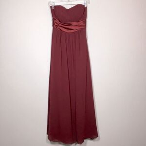 Burgundy satin & sheer babydoll formal gown strapless light padding size 6
